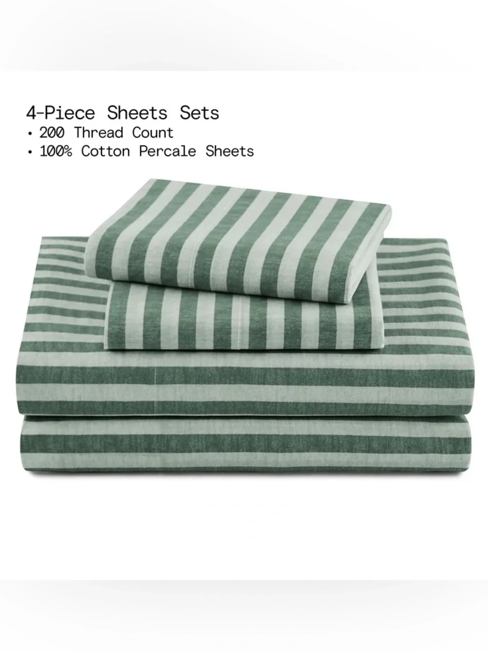 BEAUTIFUL BY DREW NWT Striped 4-Piece 100% Cotton Percale Sage Green Sheet Set Q
